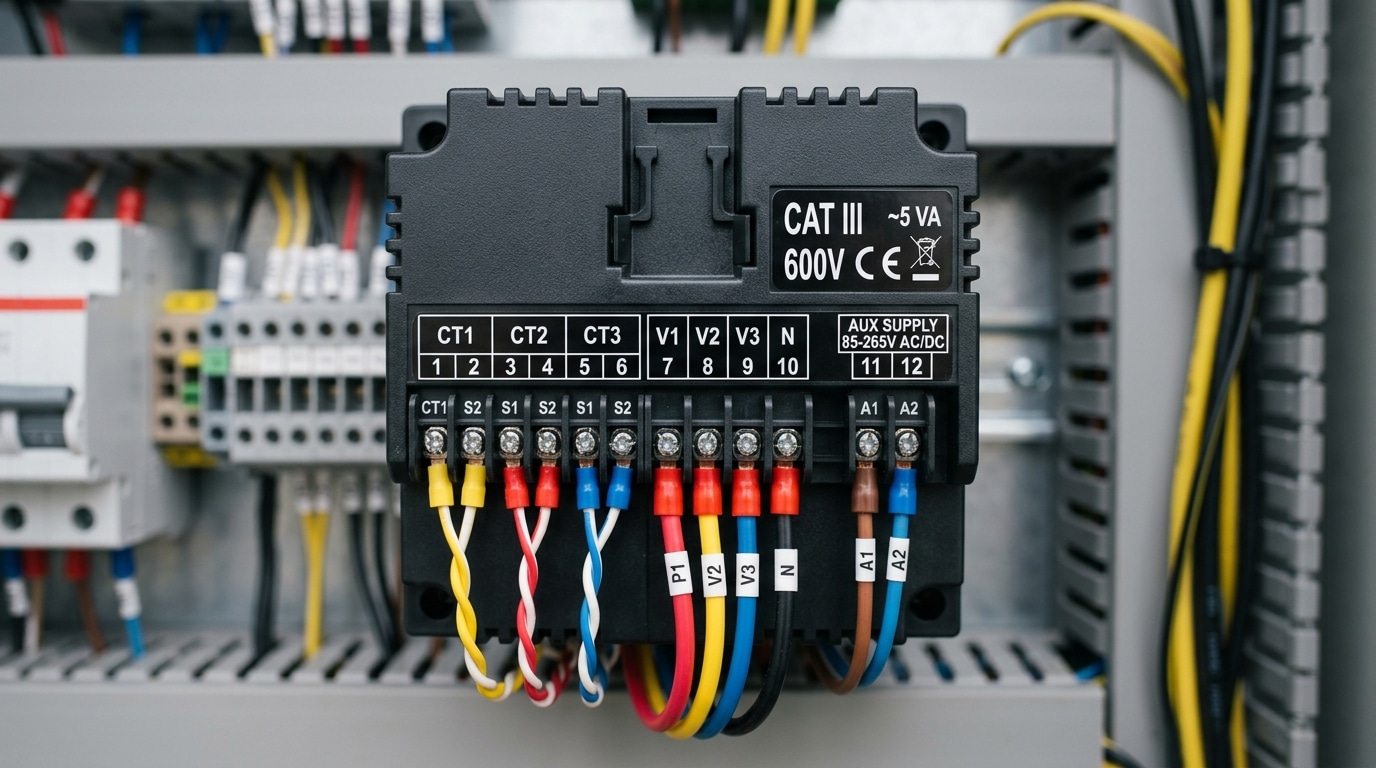 96x96 digital panel meter flush mount electrical specifications and CAT III rating label