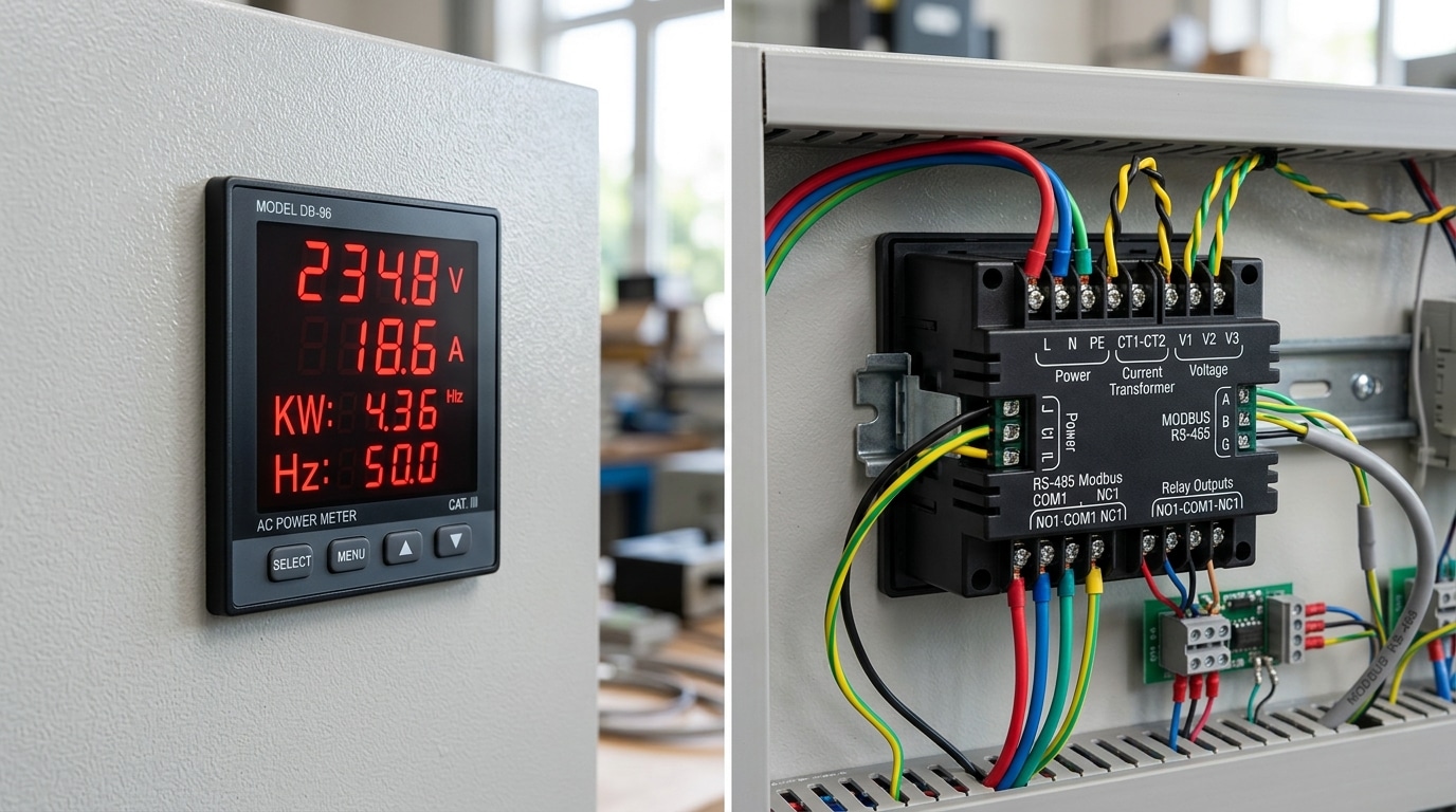 96x96 digital panel meter flush mount with LED display and Modbus RS-485 communication ports