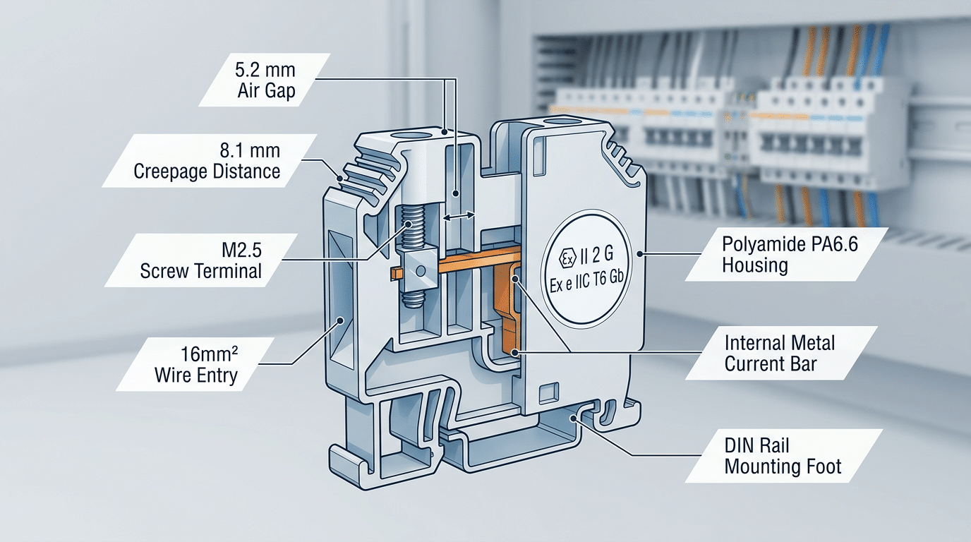 Explosion proof terminal block ATEX certified cross-section showing creepage clearance distances and polyamide housing