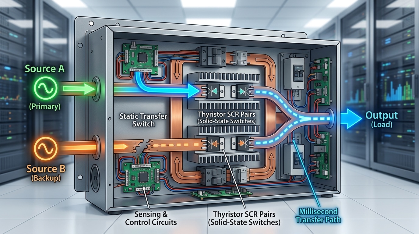 Static transfer switch STS internal components showing SCRs and solid-state switching mechanism