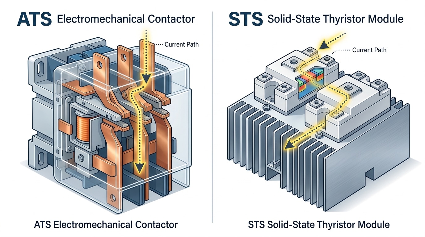 Switching technology difference between ATS and STS switch showing contactors vs SCRs