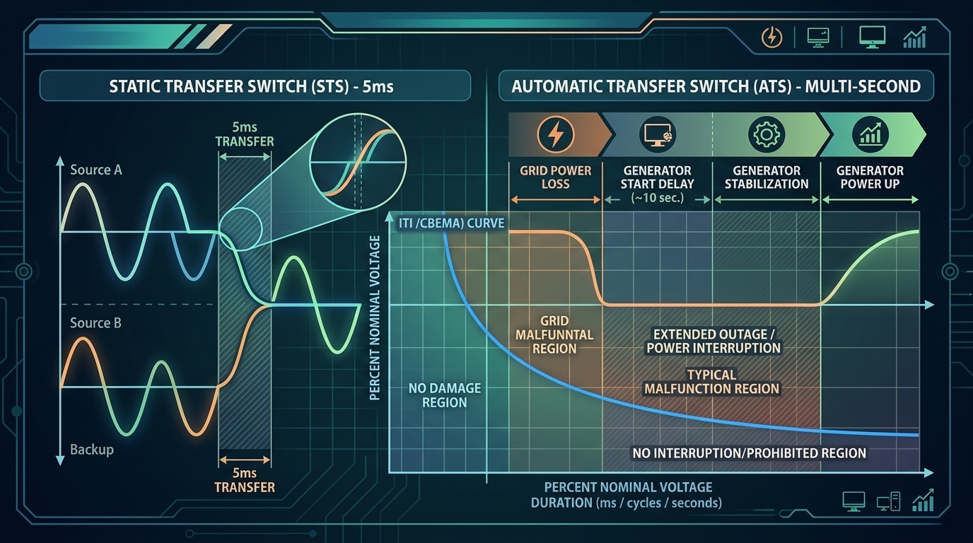Transfer speed difference between ATS and STS switch shown on oscilloscope