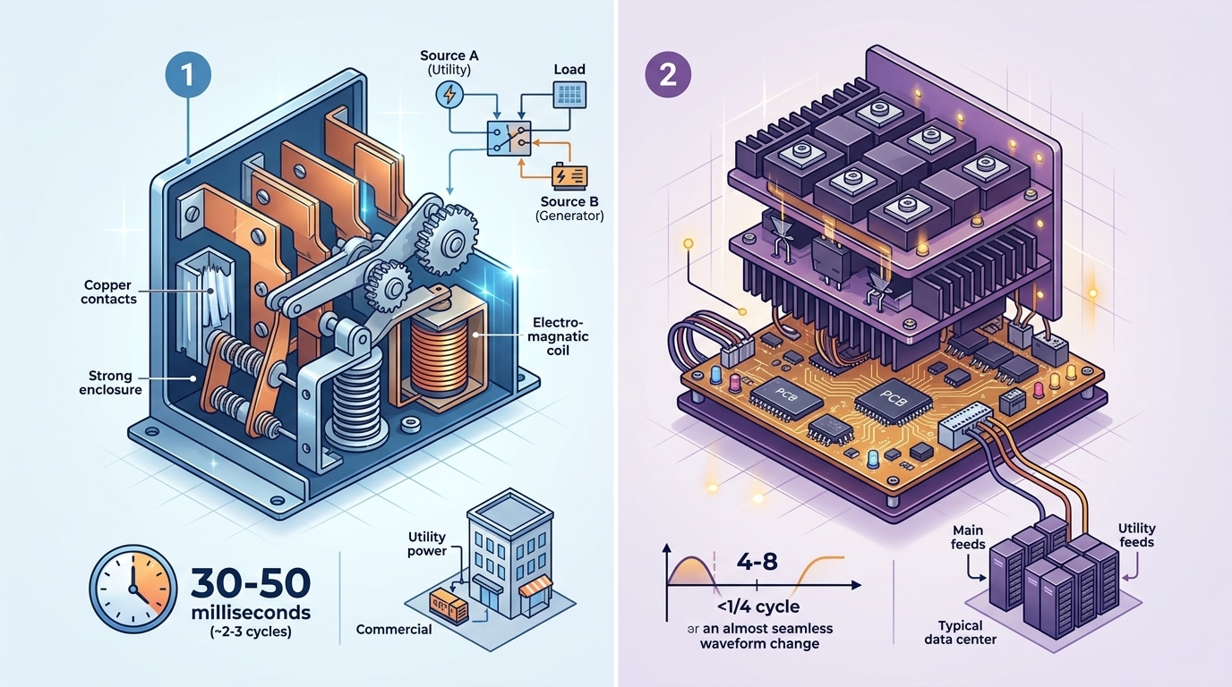 Visual comparison showing the difference between ATS and STS switch transfer speed and internal components