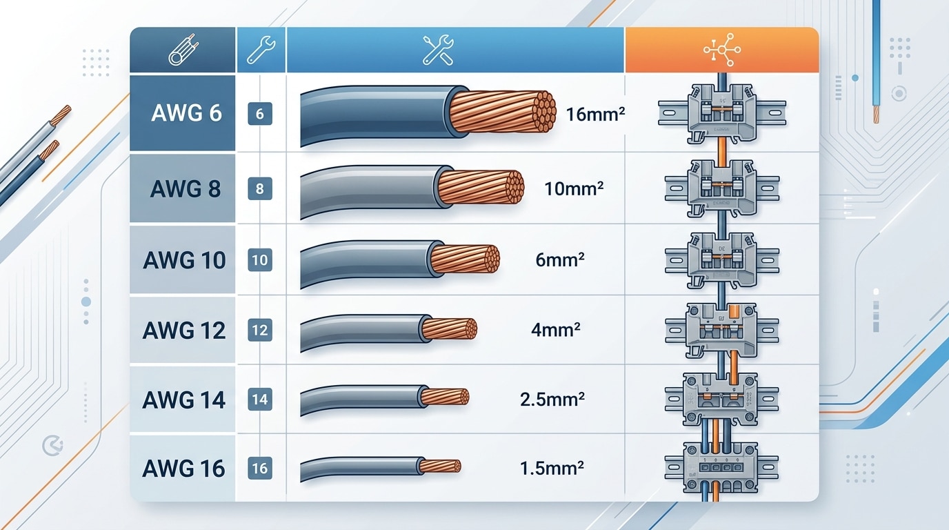 AWG to mm² conversion chart for terminal block wire size guide with IEC equivalents