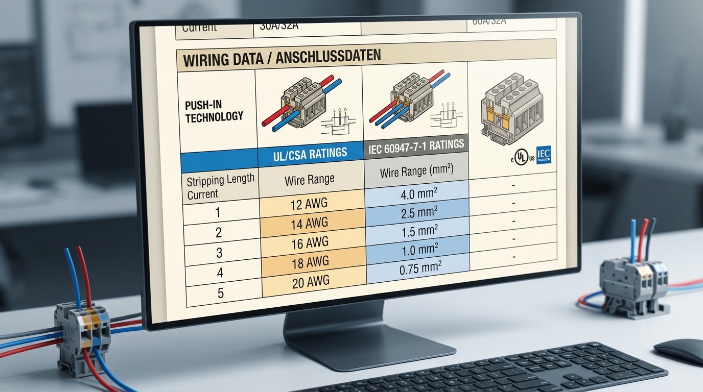 Terminal block datasheet showing UL and IEC wire size ratings in AWG and mm²