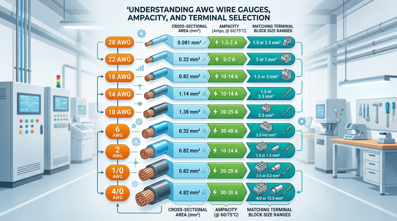 AWG terminal block wire size guide chart showing gauge to mm² conversion and ampacity ratings