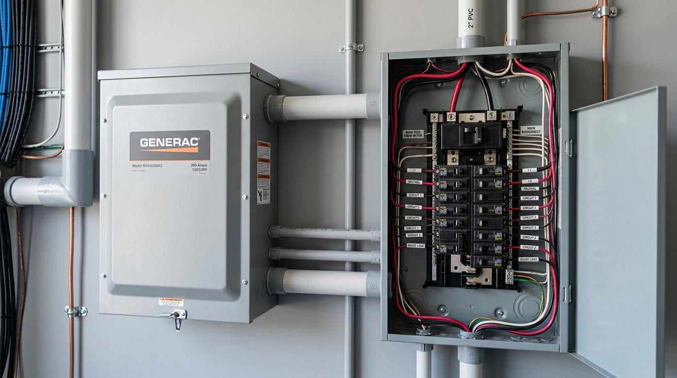 automatic transfer switch installation cost breakdown showing 200A ATS wired to main panel