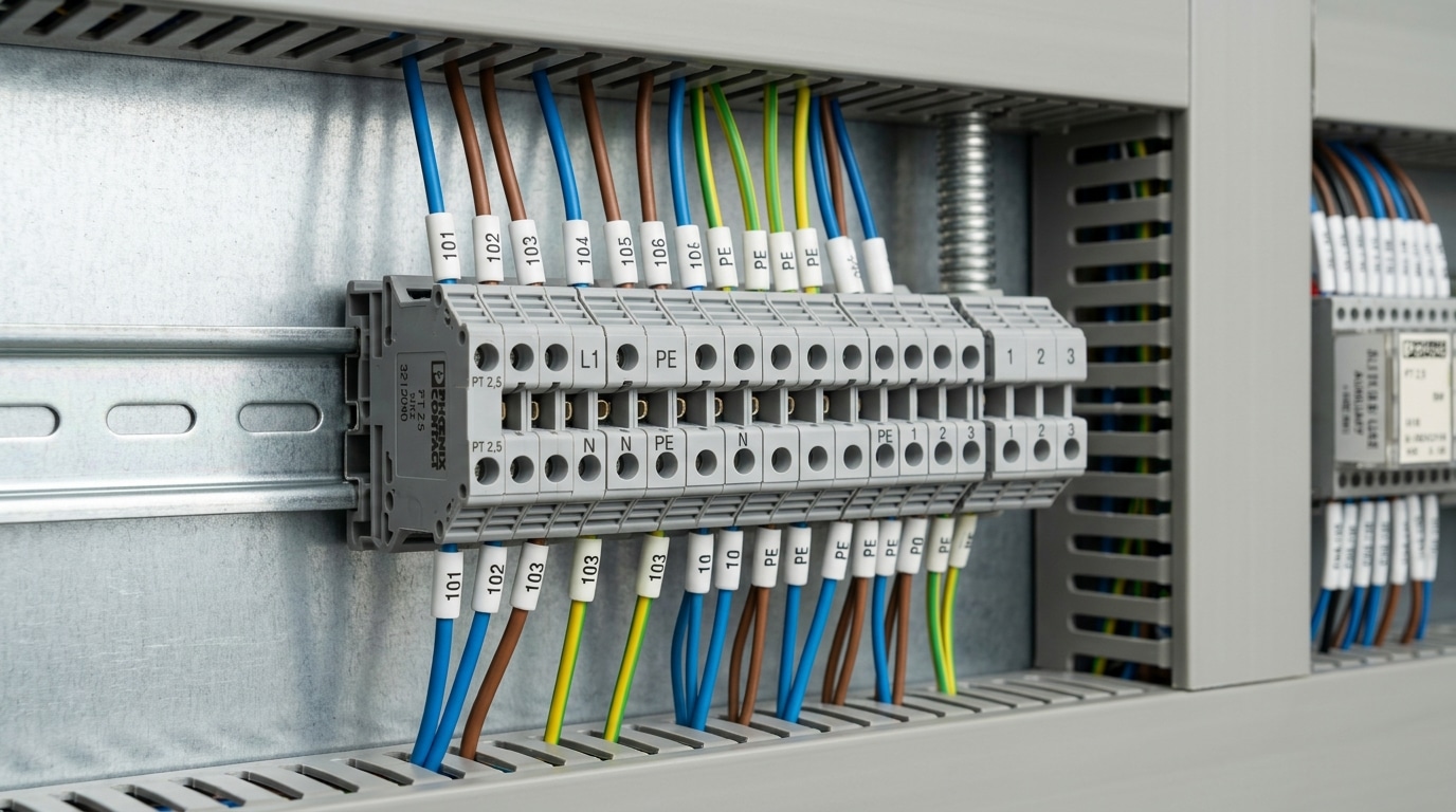 DIN rail terminal block modular design in industrial control panel