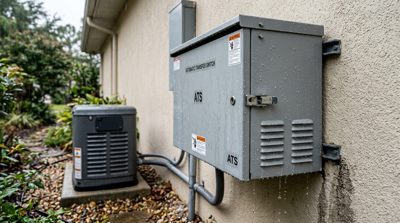 outdoor rated automatic transfer switch NEMA 3R enclosure showing weatherproof louvers and drainage