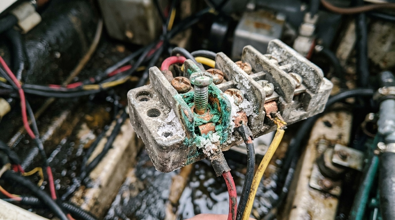 Corroded standard terminal block from marine electrical system showing salt damage and oxidation failure