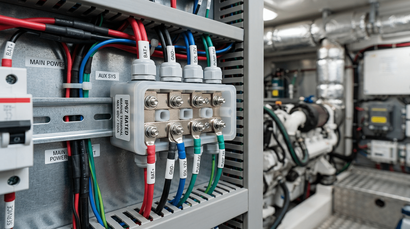 Marine-grade terminal block for marine electrical systems with corrosion-resistant tin-plated contacts and IP67 sealed housing