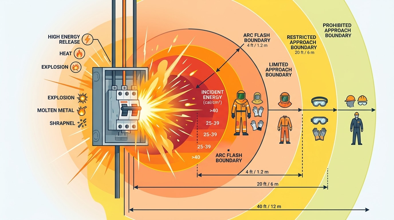 Diagram illustrating arc flash energy release and hazard zones at a circuit breaker