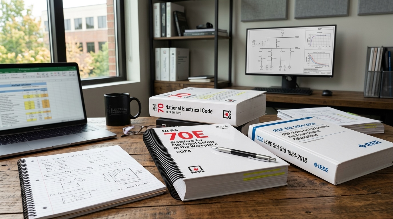 NEC, NFPA 70E, and IEEE 1584 standard reference documents for arc flash protection