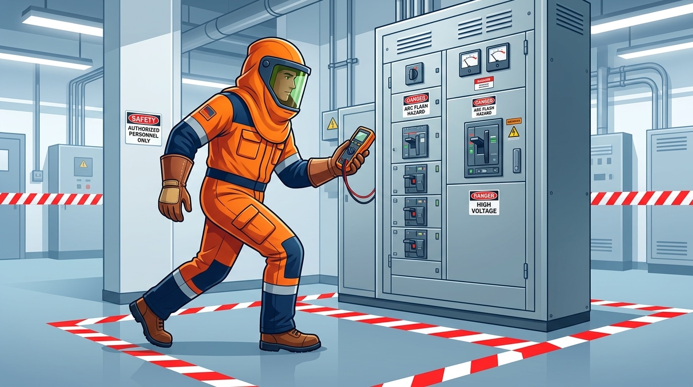 Electrical worker in arc-rated PPE approaching circuit breaker panel with arc flash boundary markings