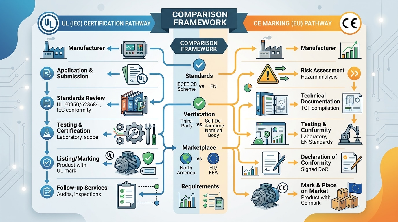 Visual comparison of UL IEC and CE circuit breaker certification pathways showing different requirements and timelines