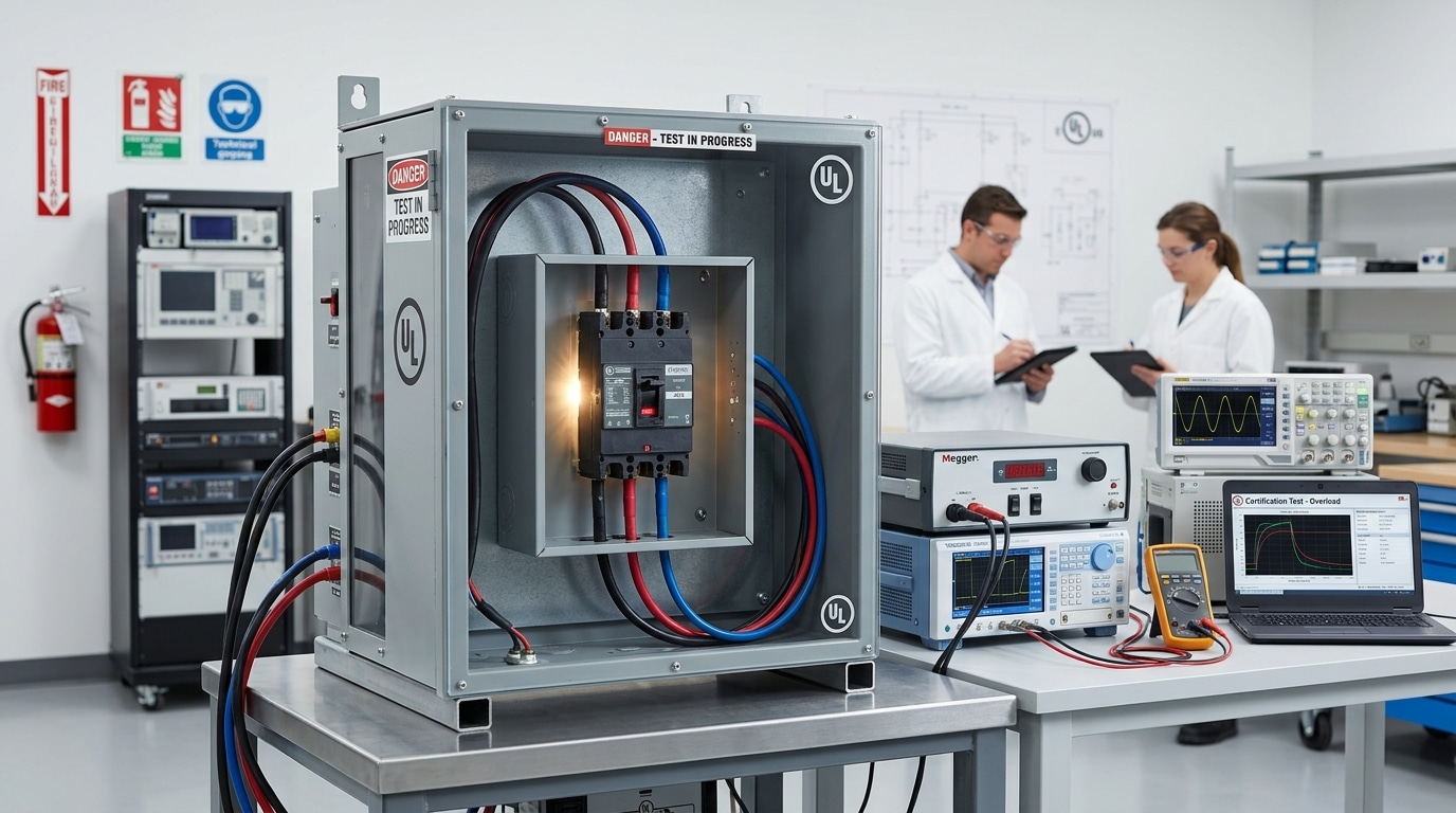 Circuit breaker mounted in UL testing enclosure during short-circuit interruption test with measurement instruments