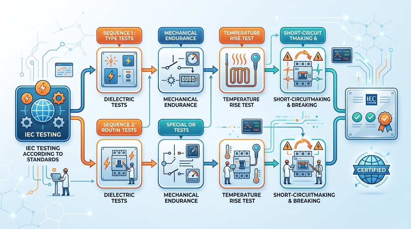 Diagram illustrating IEC 60947-2 testing sequence for industrial circuit breakers including overload short-circuit and endurance tests
