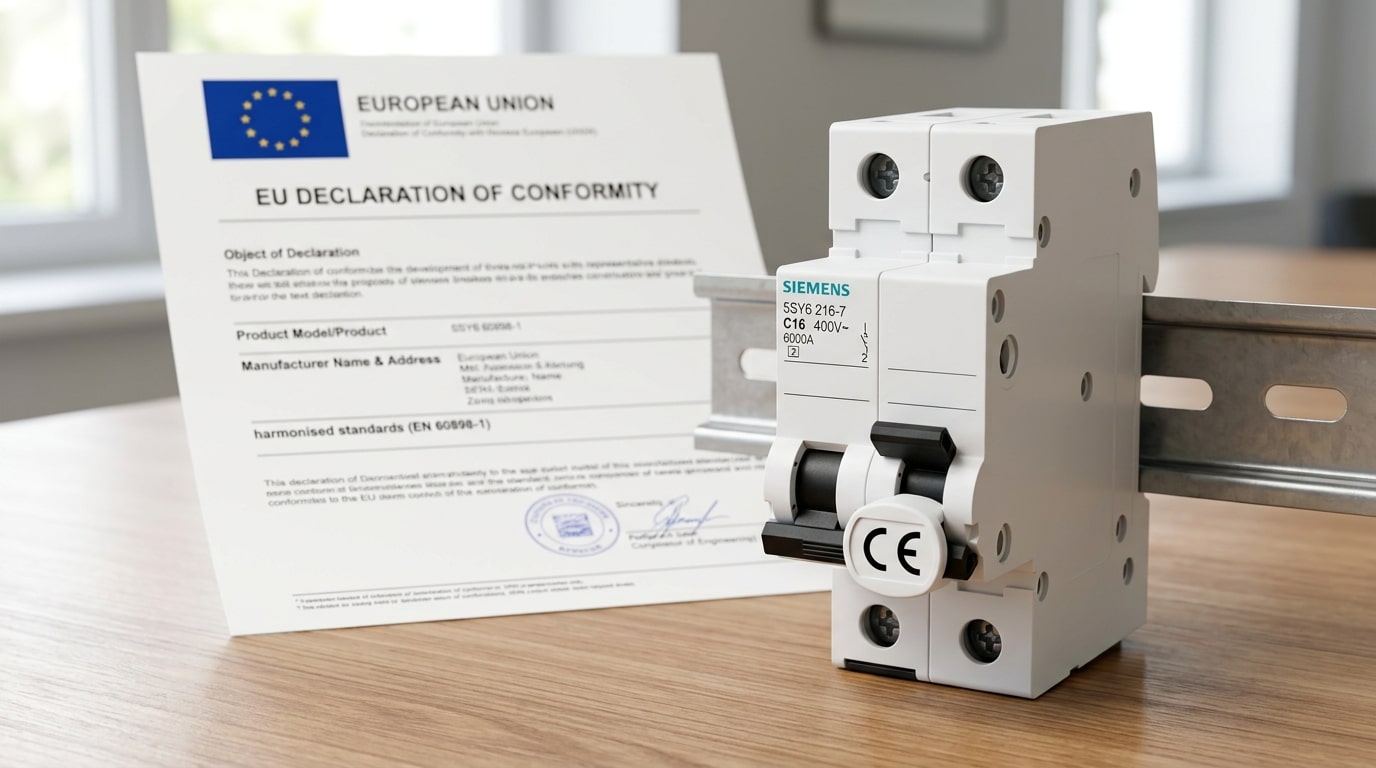 CE marking affixed to circuit breaker alongside EU Declaration of Conformity document showing Low Voltage Directive compliance