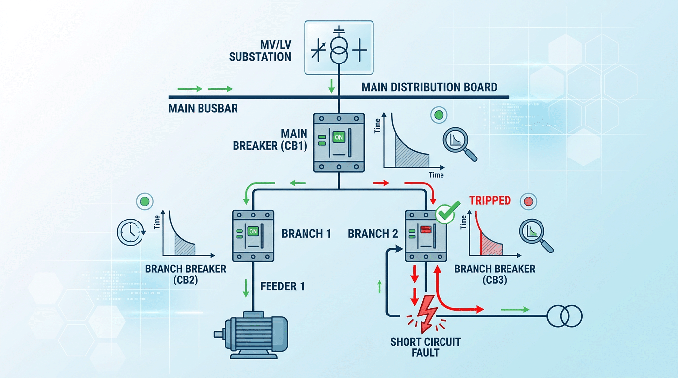Circuit breaker selectivity diagram showing downstream breaker tripping while upstream breaker remains closed during a fault