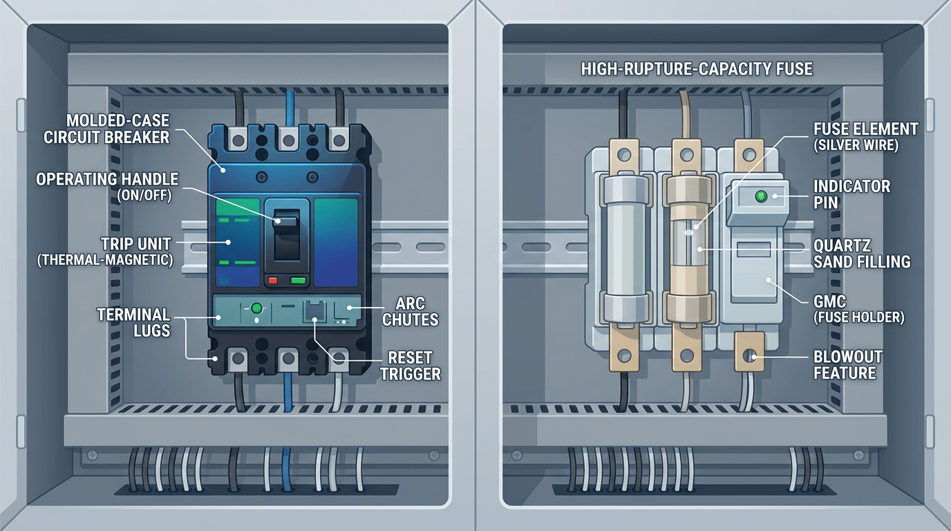 Industrial circuit breaker next to a high-rupture-capacity fuse showing physical differences in overcurrent protection devices