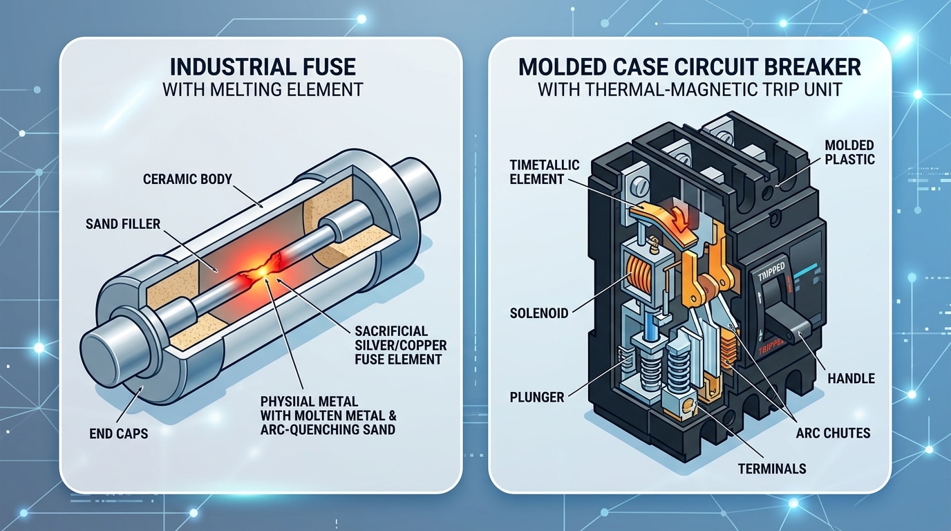 Cutaway comparison of fuse melting element and circuit breaker trip mechanism for industrial overcurrent protection