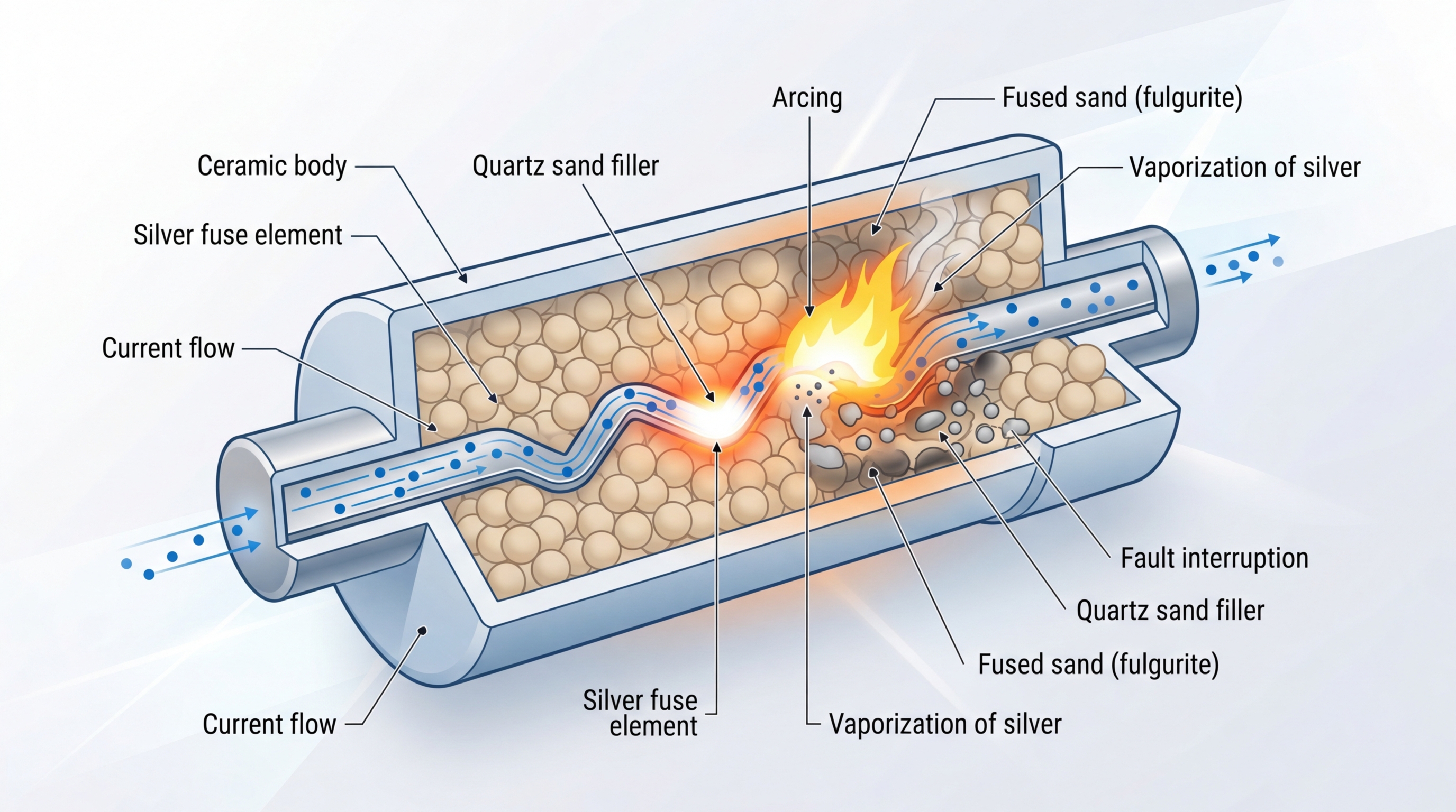 HRC fuse cross-section showing calibrated element, quartz sand filler, and current-limiting arc-quenching mechanism