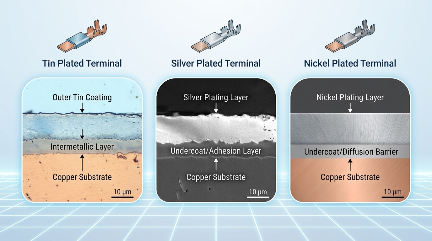 cold press terminal lifespan comparison across tin silver and nickel plating