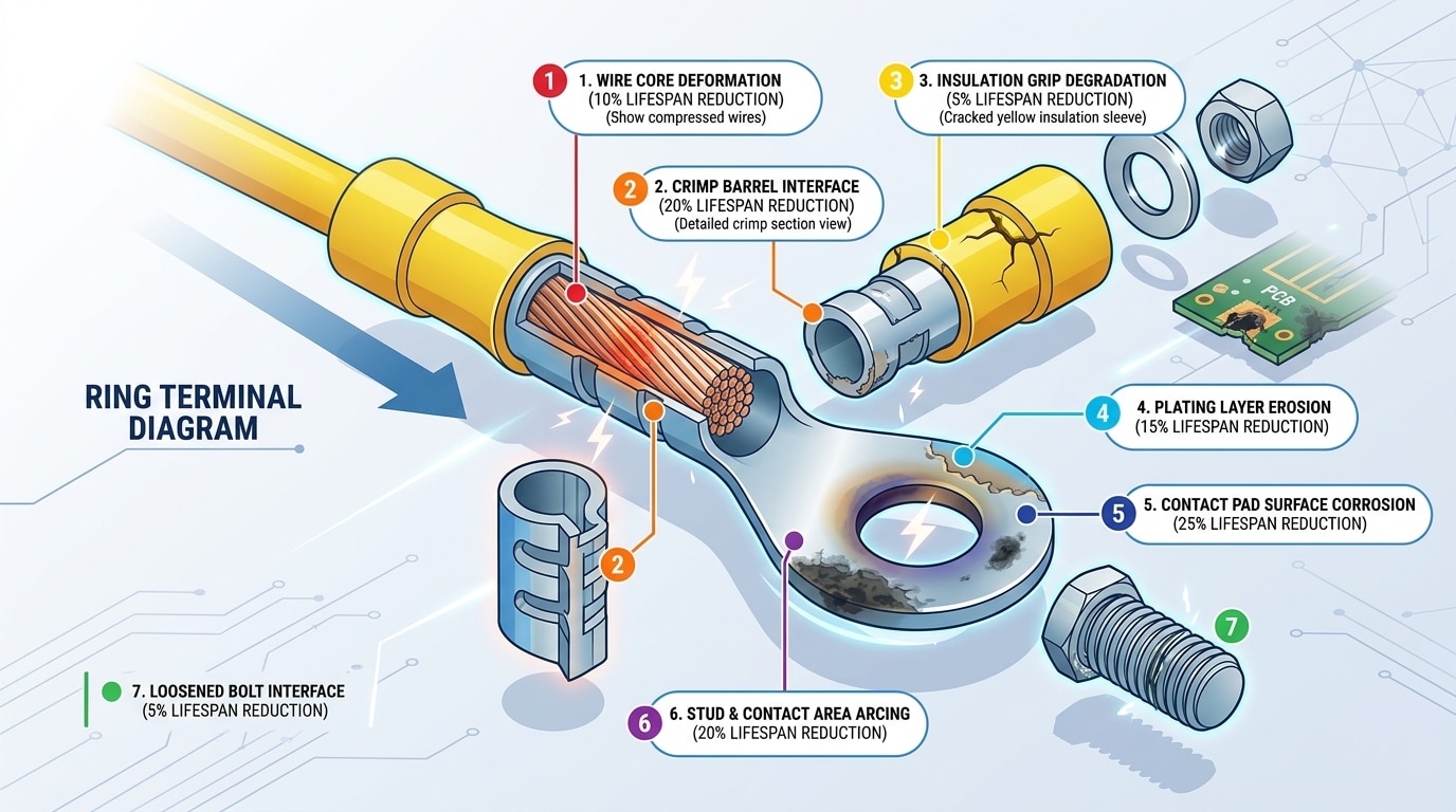Seven factors reducing cold press terminal lifespan ranked by severity
