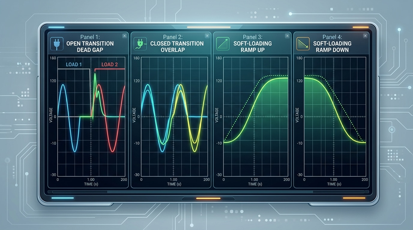 ATS transfer time specification comparison across open closed and soft load modes