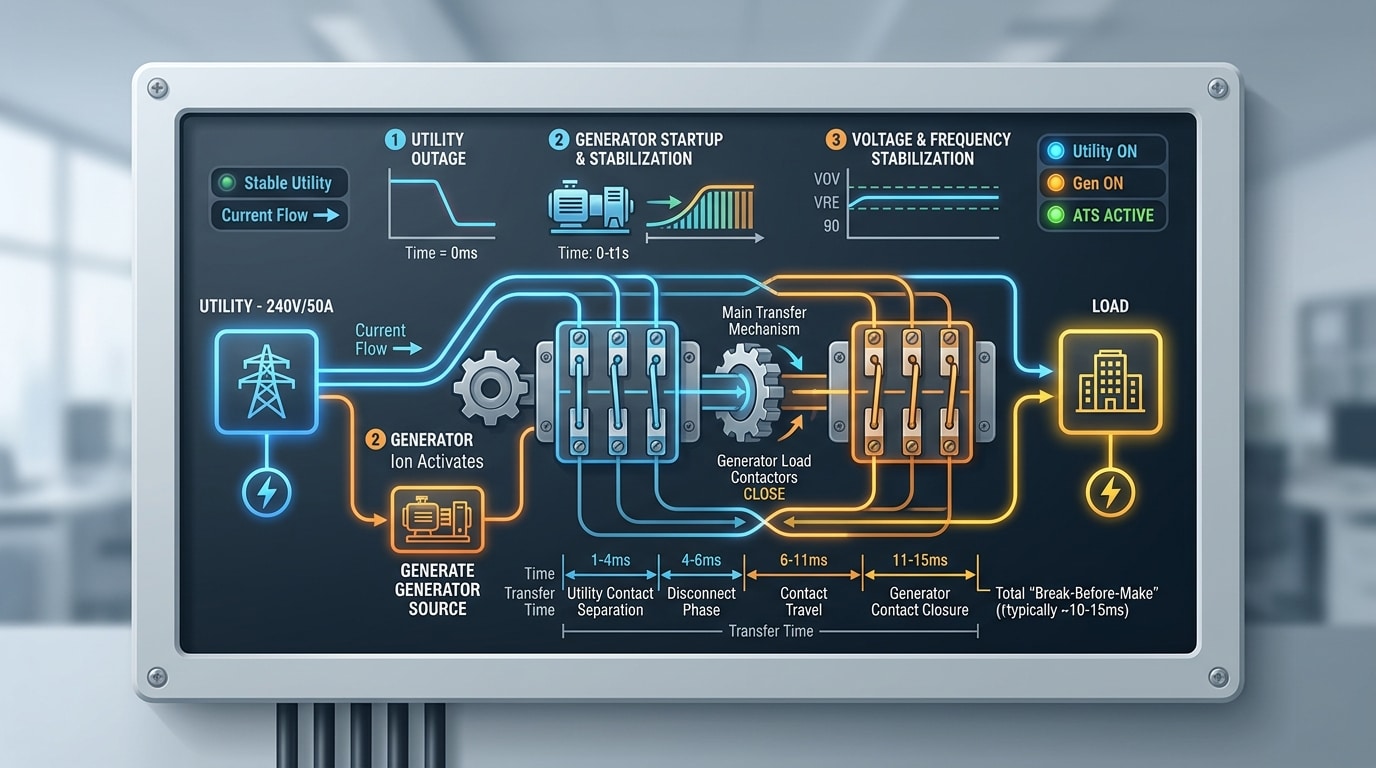 ATS transfer time specification diagram showing utility-to-generator switching stages