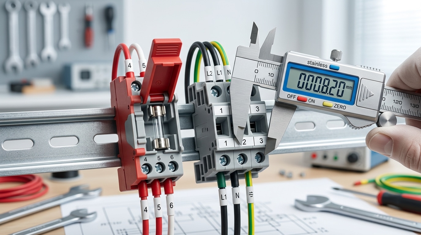 feed through terminal block vs fuse terminal block width and rating comparison on DIN rail