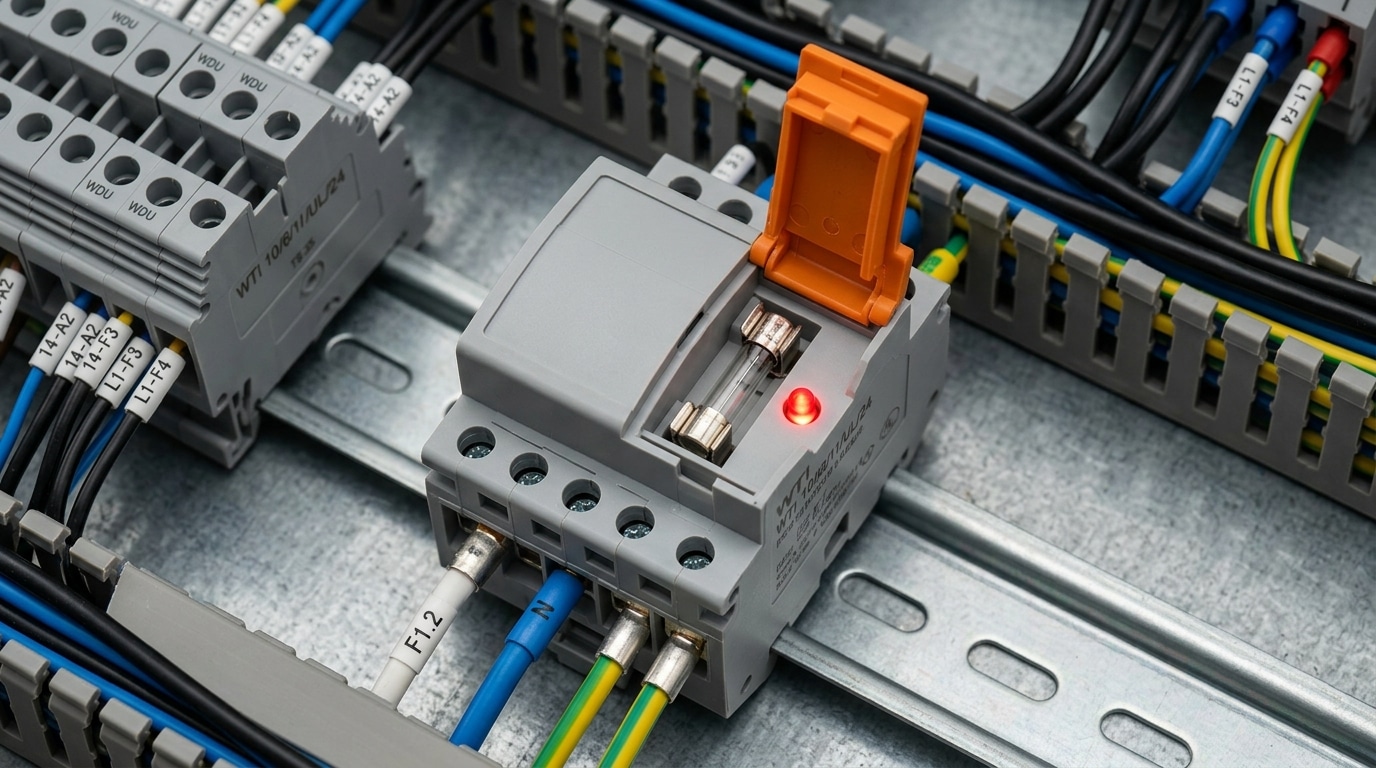 fuse terminal block with blown-fuse indicator and glass cartridge vs feed through terminal block