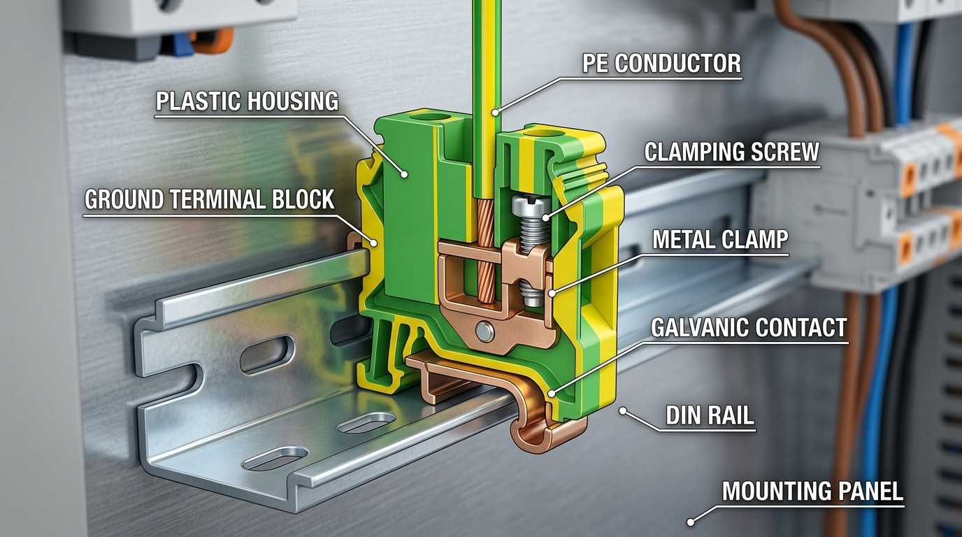 Ground terminal block cutaway showing metal foot contacting DIN rail for protective earth bonding
