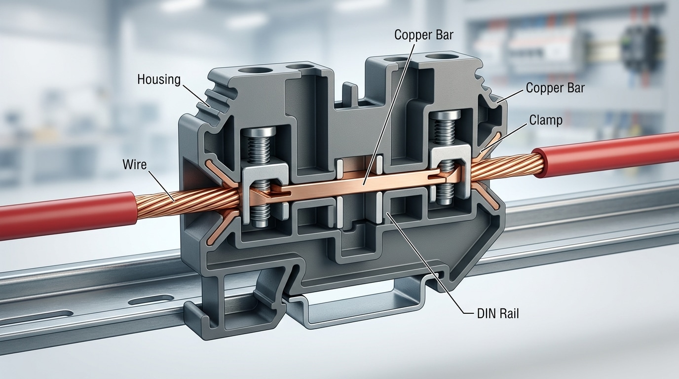 Standard feed-through terminal block cross-section showing insulated housing on DIN rail