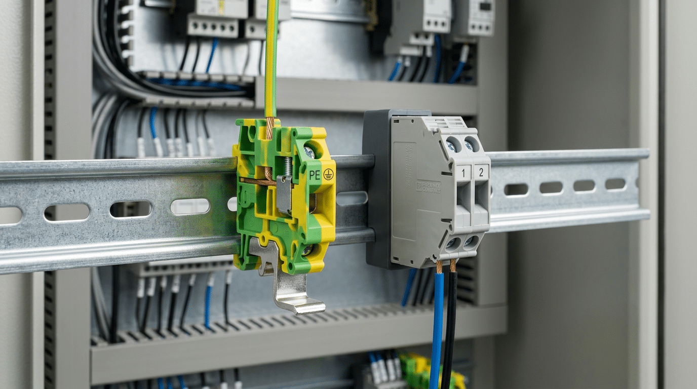ground terminal block vs standard terminal block mounted on DIN rail showing metal foot contact difference