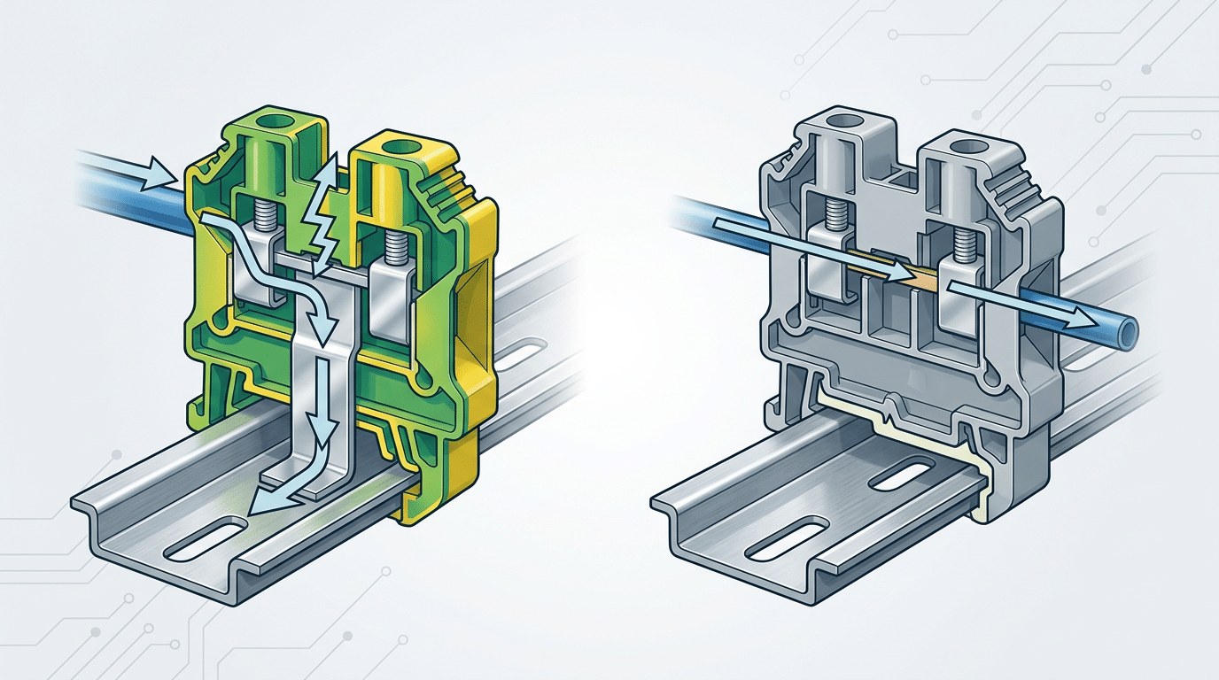 Ground terminal block vs standard terminal block cutaway showing metal foot contact and insulated housing differences on DIN rail