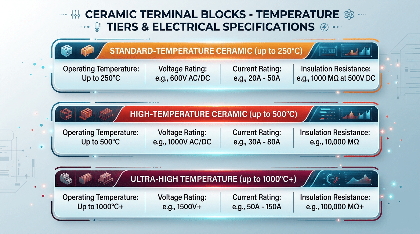 ceramic terminal block for high temperature ratings chart showing voltage current and insulation specs across industrial tiers