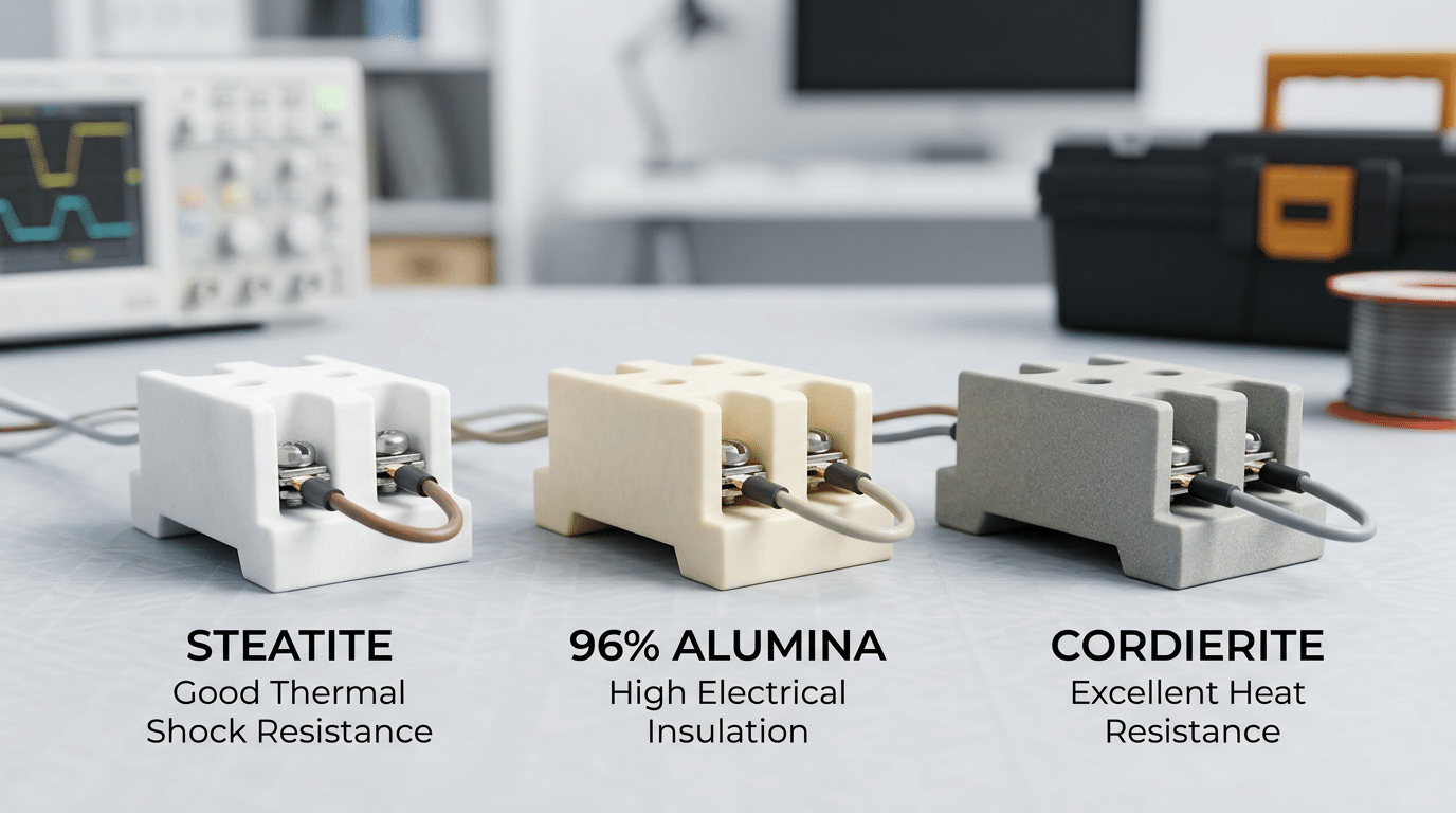 Steatite alumina and cordierite ceramic terminal blocks for high temperature comparison