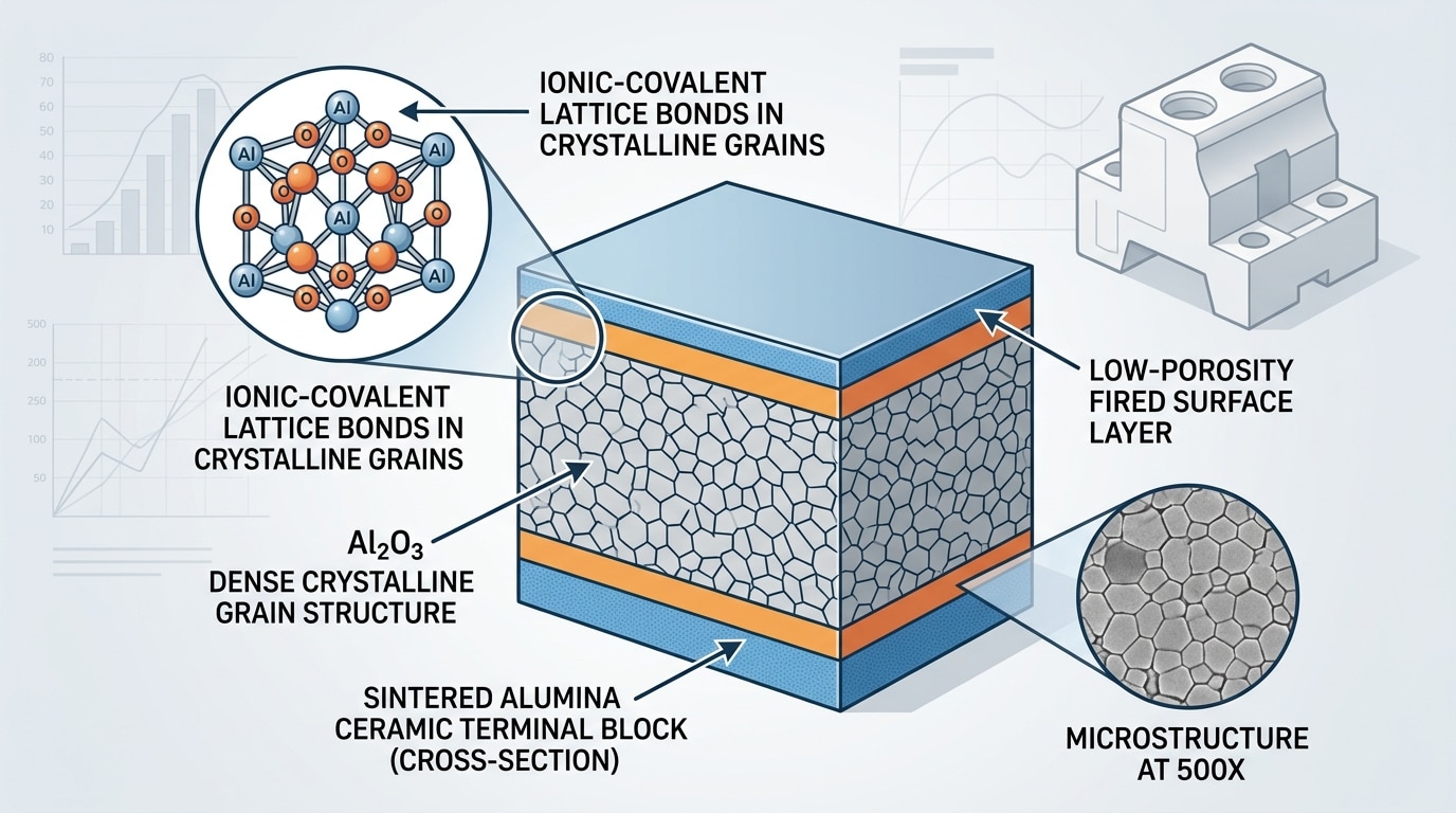 Cross-section of a ceramic terminal block for high temperature showing sintered alumina crystalline microstructure