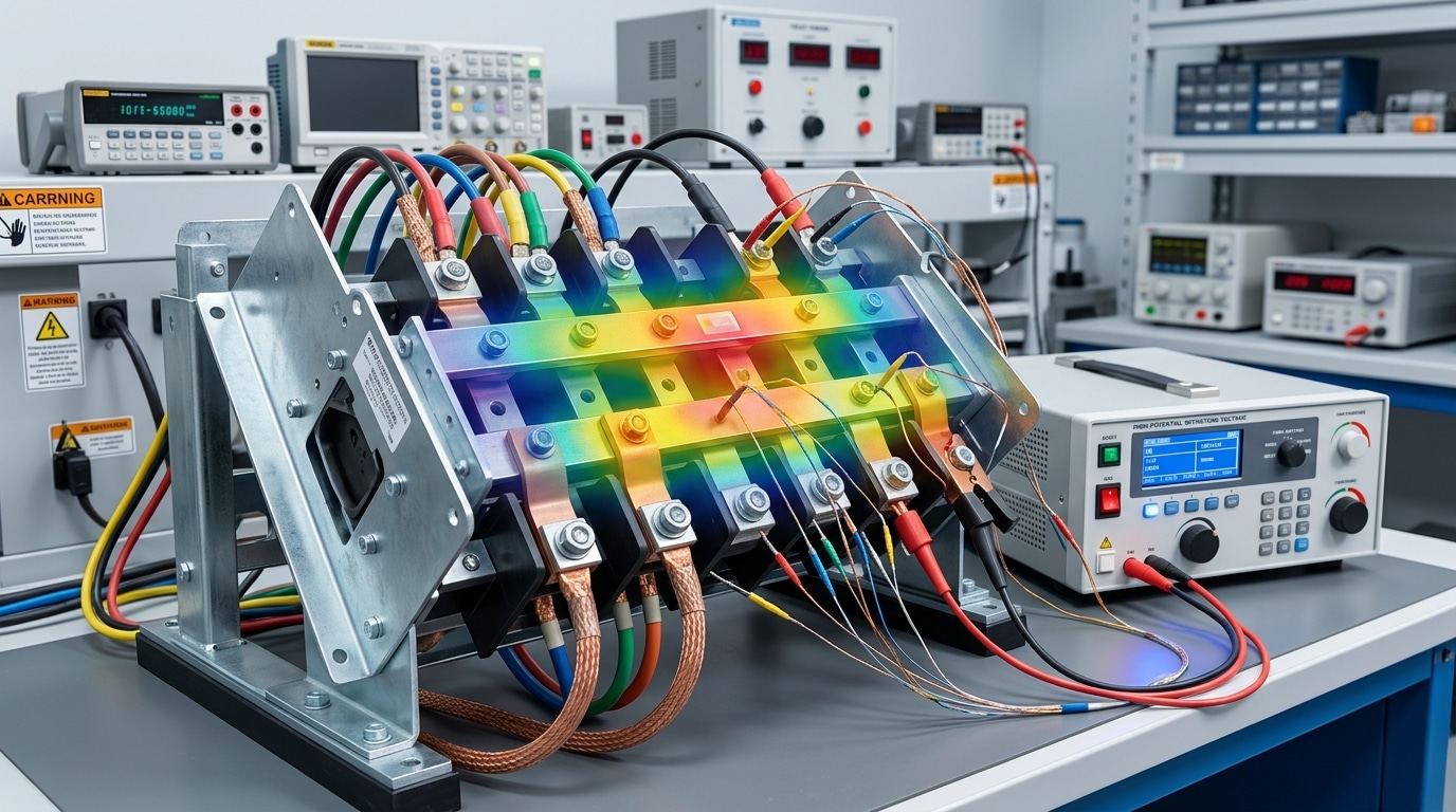 UL 1008 automatic transfer switch undergoing temperature rise and dielectric withstand testing in certification lab