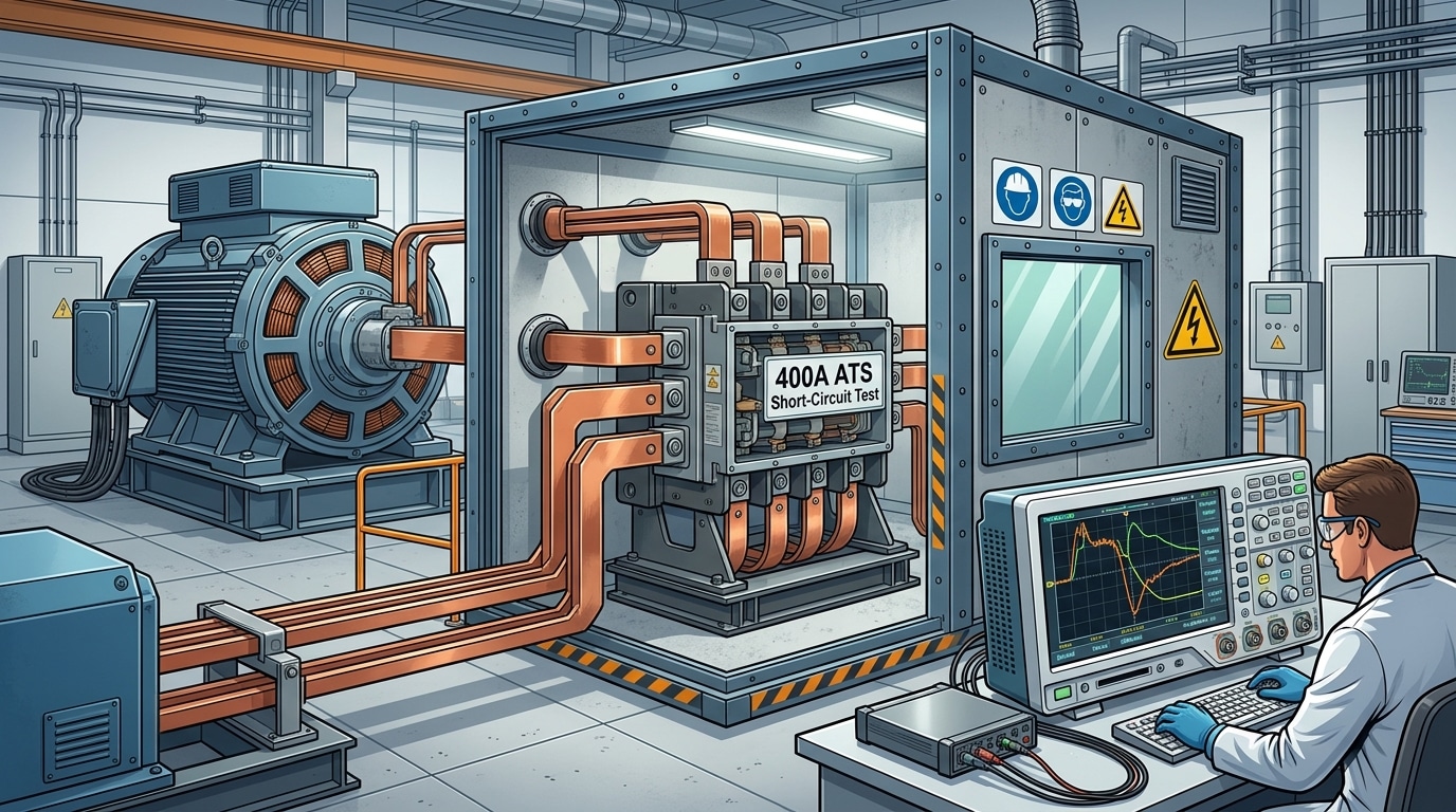 UL 1008 automatic transfer switch undergoing withstand and close-on short-circuit testing at a qualified high-power laboratory