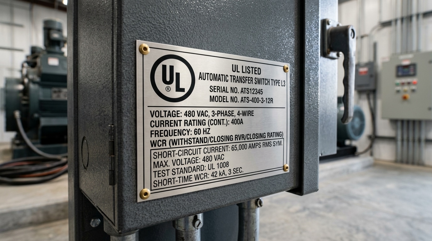 UL 1008 automatic transfer switch nameplate with certification markings and ratings