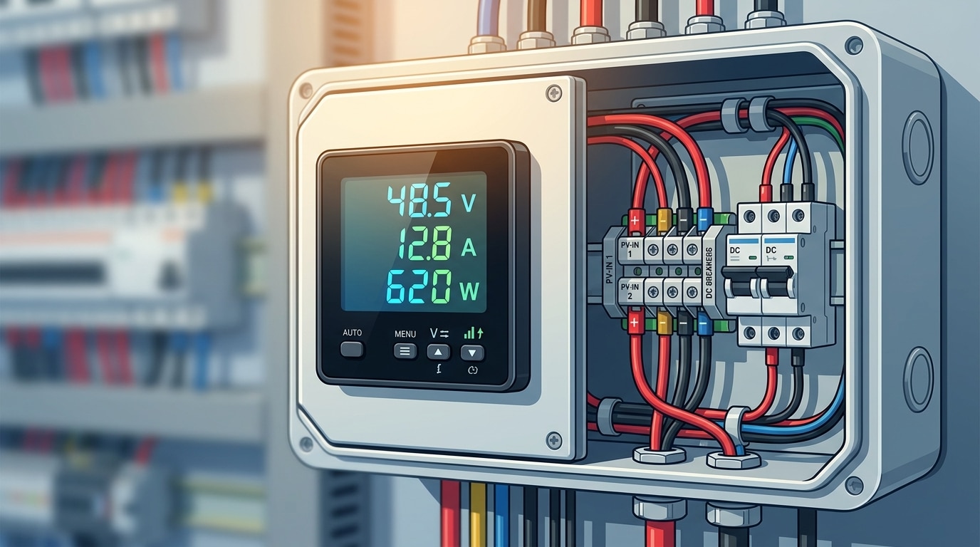 digital panel meter for solar panel installation showing DC voltage and current