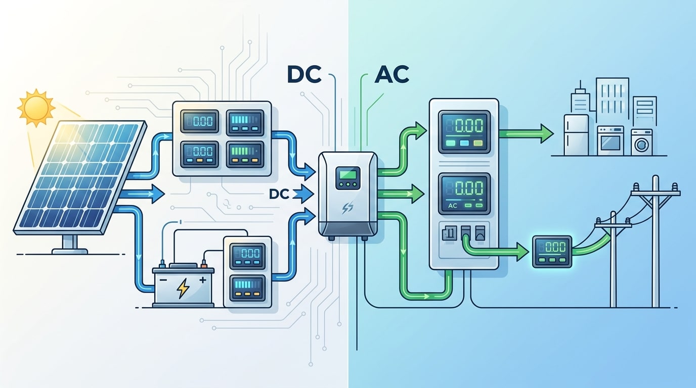 DC vs AC digital panel meter for solar panel placement diagram