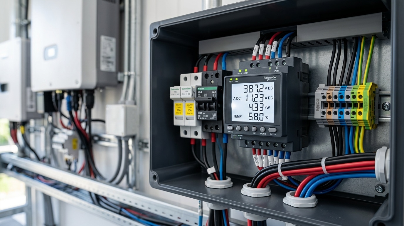 digital panel meter for solar panel showing DC voltage current wattage and temperature readings