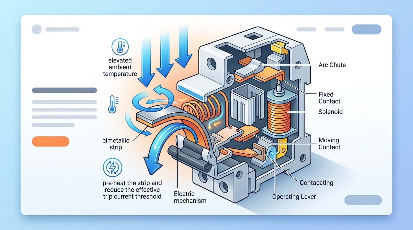 Circuit breaker thermal trip mechanism affected by ambient temperature derating
