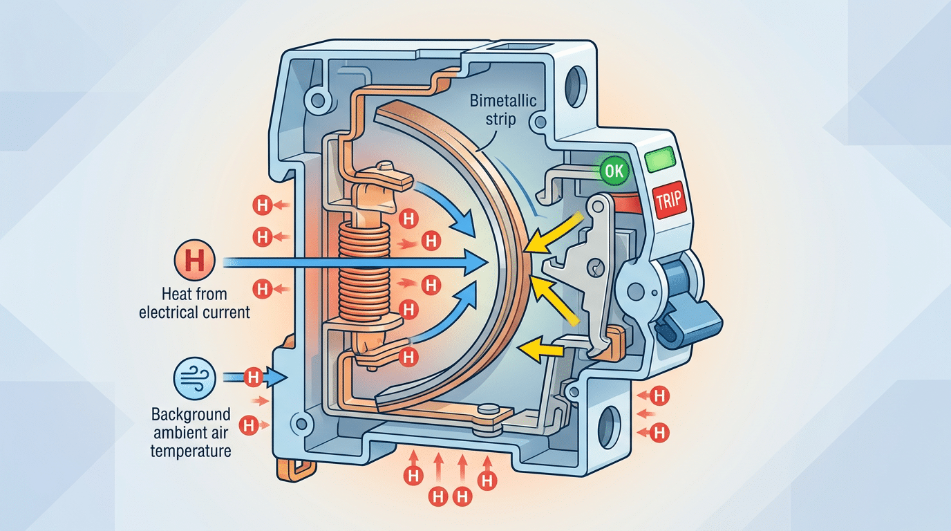 Bimetallic strip deflection in thermal-magnetic circuit breaker affected by ambient temperature and current heating