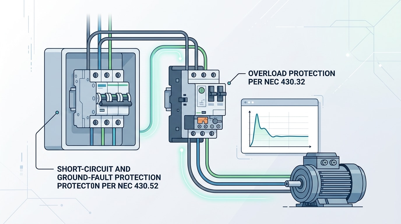 NEC Article 430 motor branch circuit protection diagram showing circuit breaker sizing and overload relay for motor