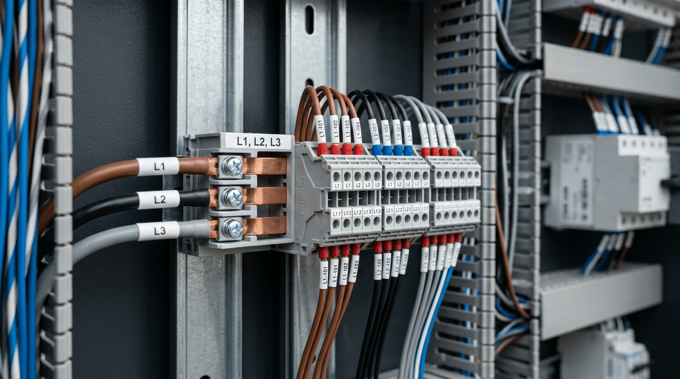 Terminal block for 3 phase power distribution mounted on DIN rail inside industrial panel with color-coded phase connections