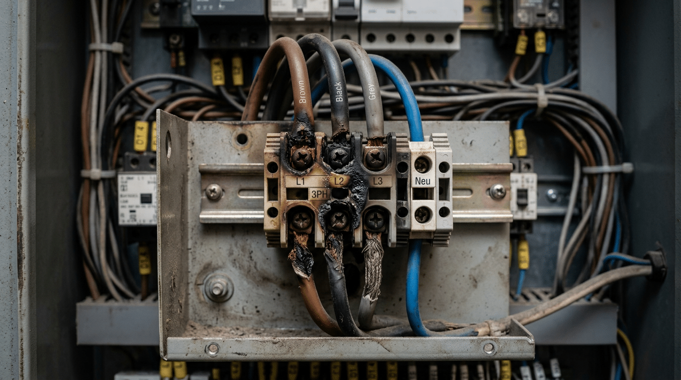 Overheated terminal block for 3 phase power distribution showing melted insulation and discolored conductors